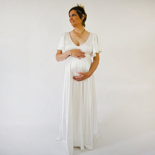 Maternity Silky Minimalist wedding dress, Elegant Satin Butterfly Sleeves Ivory  Pregnancy Dress #7001 Maxi Blushfashion