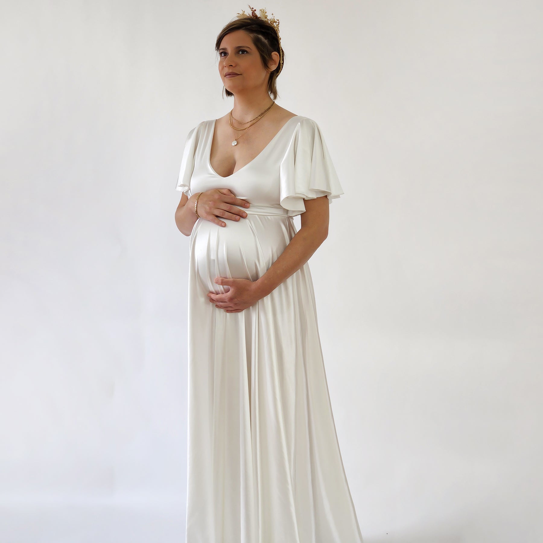 Maternity Silky Minimalist wedding dress, Elegant Satin Butterfly Sleeves Ivory Pregnancy Dress #7001