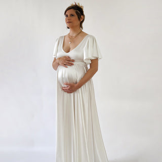 Maternity Silky Minimalist wedding dress, Elegant Satin Butterfly Sleeves Ivory  Pregnancy Dress #7001 Maxi Blushfashion