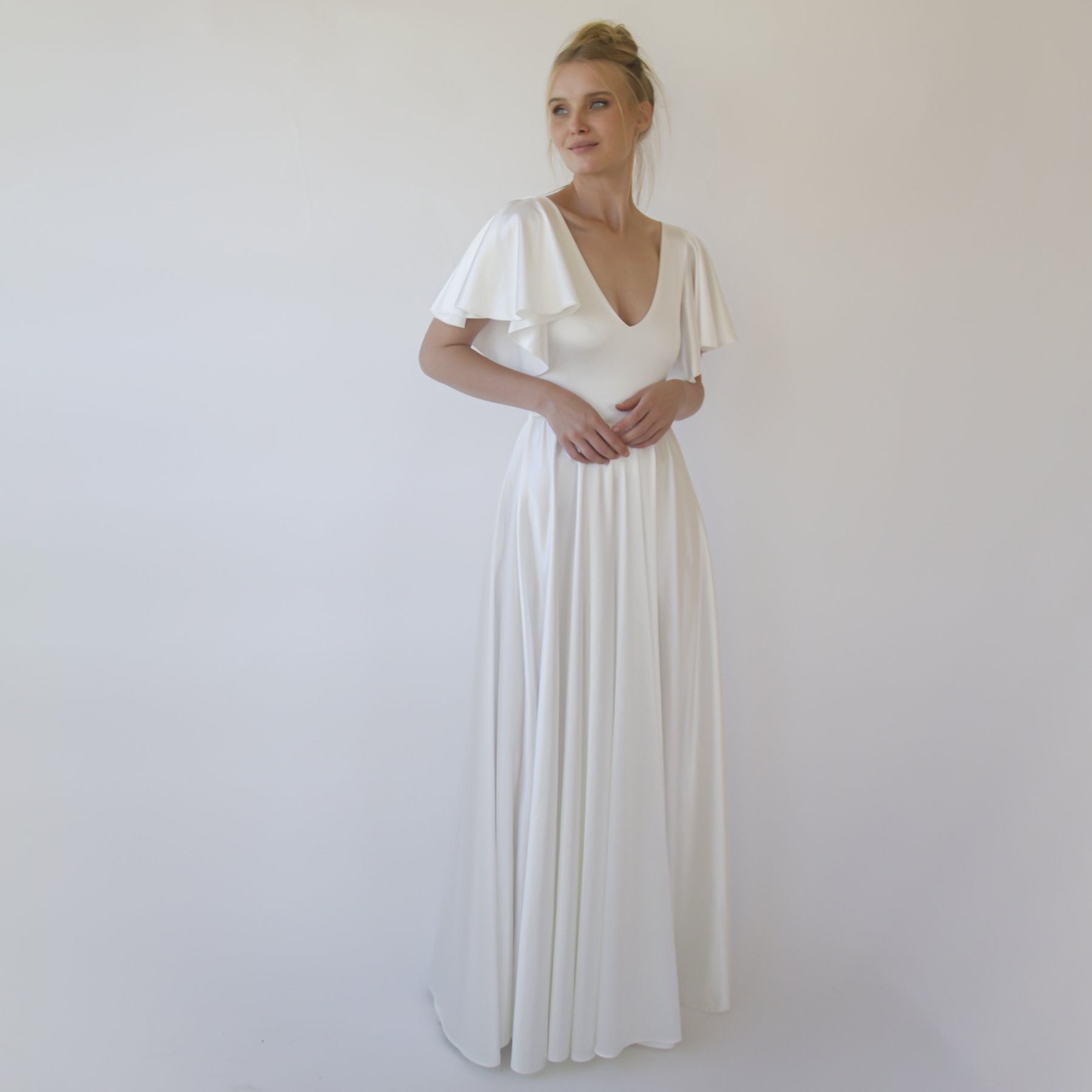 Minimalist, Elegant Satin Butterfly Sleeves Ivory Wedding Dress #1349 Minimalist, Elegant Satin Butterfly Sleeves Ivory Wedding Dress #1349