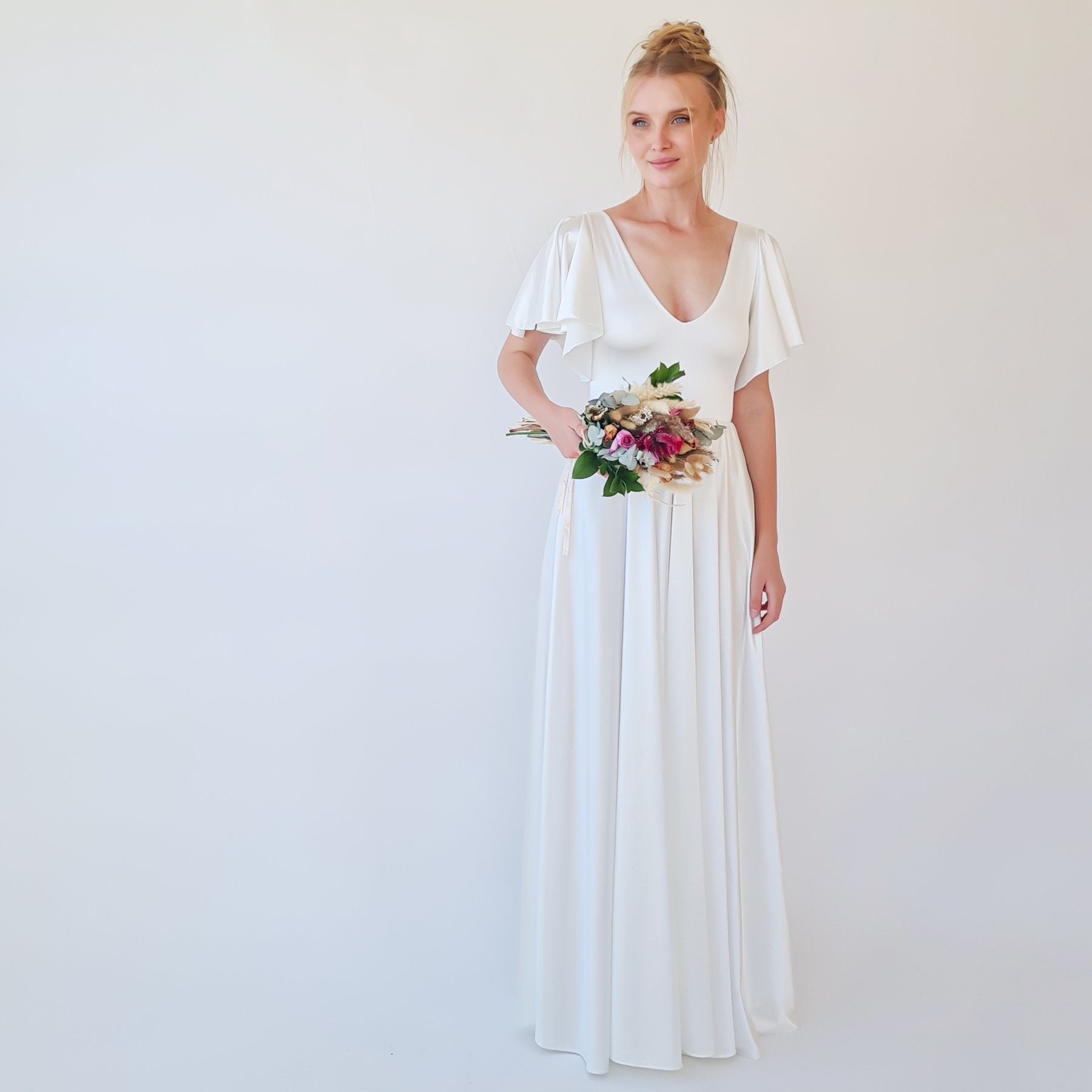 Minimalist, Elegant Satin Butterfly Sleeves Ivory Wedding Dress #1349 Minimalist, Elegant Satin Butterfly Sleeves Ivory Wedding Dress #1349