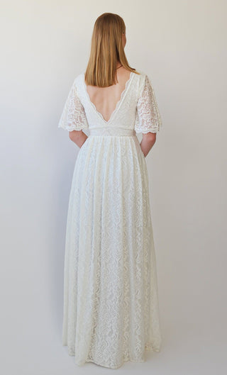 New Collection 2023 Butterfly Sleeves Ivory Bohemian Empire Lace Wedding Dress with Open back  #1383 Maxi Blushfashion
