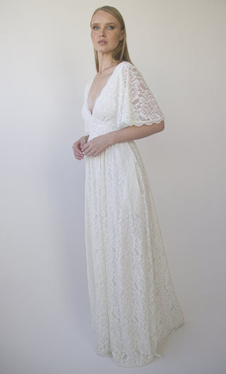 New Collection 2023 Butterfly Sleeves Ivory Bohemian Empire Lace Wedding Dress with Open back  #1383 Maxi Blushfashion