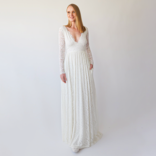 New Collection 2023 Empire waist maxi dress, Bohemian V-neckline ,Ivory wedding dress with pockets, Open Back lace bridal gown #1388 Maxi Blushfashion