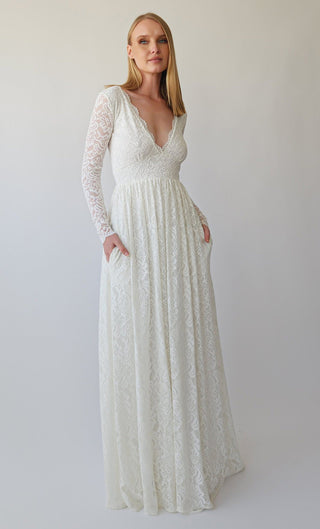 New Collection 2023 Empire waist maxi dress, Bohemian V-neckline ,Ivory wedding dress with pockets, Open Back lace bridal gown #1388 Maxi Blushfashion