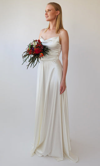 New Collection 2023 Ivory Cowl Neck Cami dress Satin Wedding Dress ,Bare Shoulders and Open Back Simple Wedding Dress #1391 Maxi Blushfashion