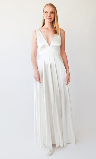 New Collection 2023 Silky Satin Deep V Neckline Simple Minimalist Wedding Dress #1395 Maxi Blushfashion