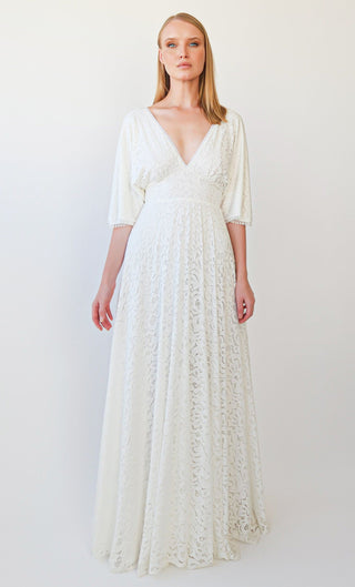 New Collection 2023 Vintage Deep V Neckline Bat Sleeves Bohemian Pearly white Wedding Dress #1382 Maxi Blushfashion