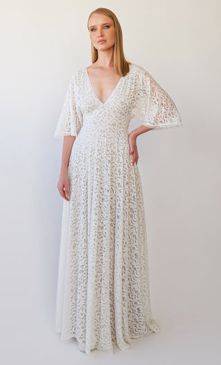 New Collection 2023 Vintage Deep V Neckline Bat Sleeves Bohemian Pearly white Wedding Dress #1389 Maxi Blushfashion