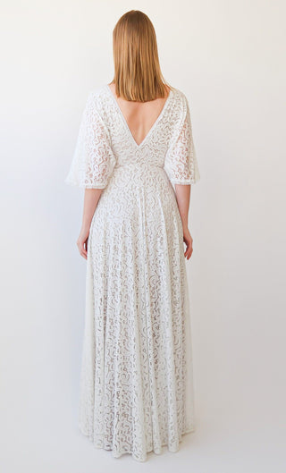 New Collection 2023 Vintage Deep V Neckline Bat Sleeves Bohemian Pearly white Wedding Dress #1389 Maxi Blushfashion