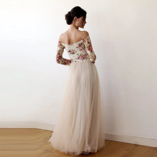 Off-Shoulder Floral And Champagne Tulle Dress  #1176 Maxi Blushfashion