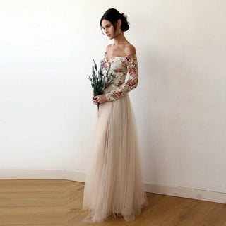 Off-Shoulder Floral And Champagne Tulle Dress  #1176 Maxi Blushfashion