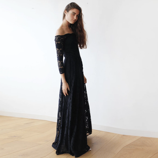 Off-The-Shoulder Black Floral Lace Long Sleeve Maxi Dress 1119 Maxi Blushfashion