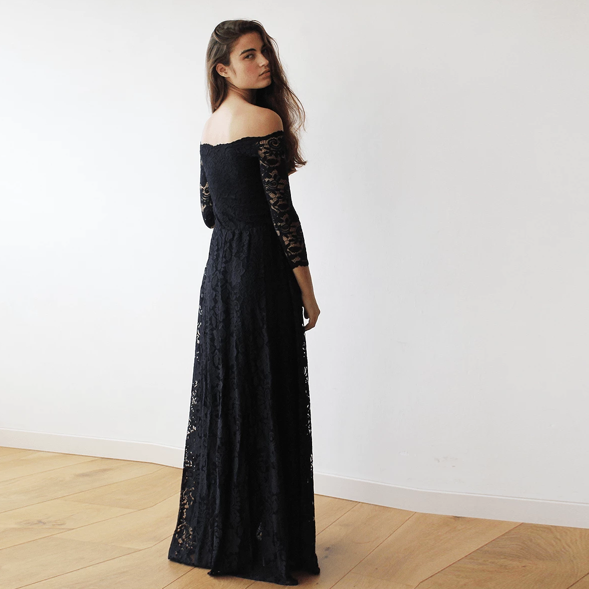 Off-The-Shoulder Black Floral Lace Long Sleeve Maxi Dress 1119 Off-The-Shoulder Black Floral Lace Long Sleeve Maxi Dress 1119