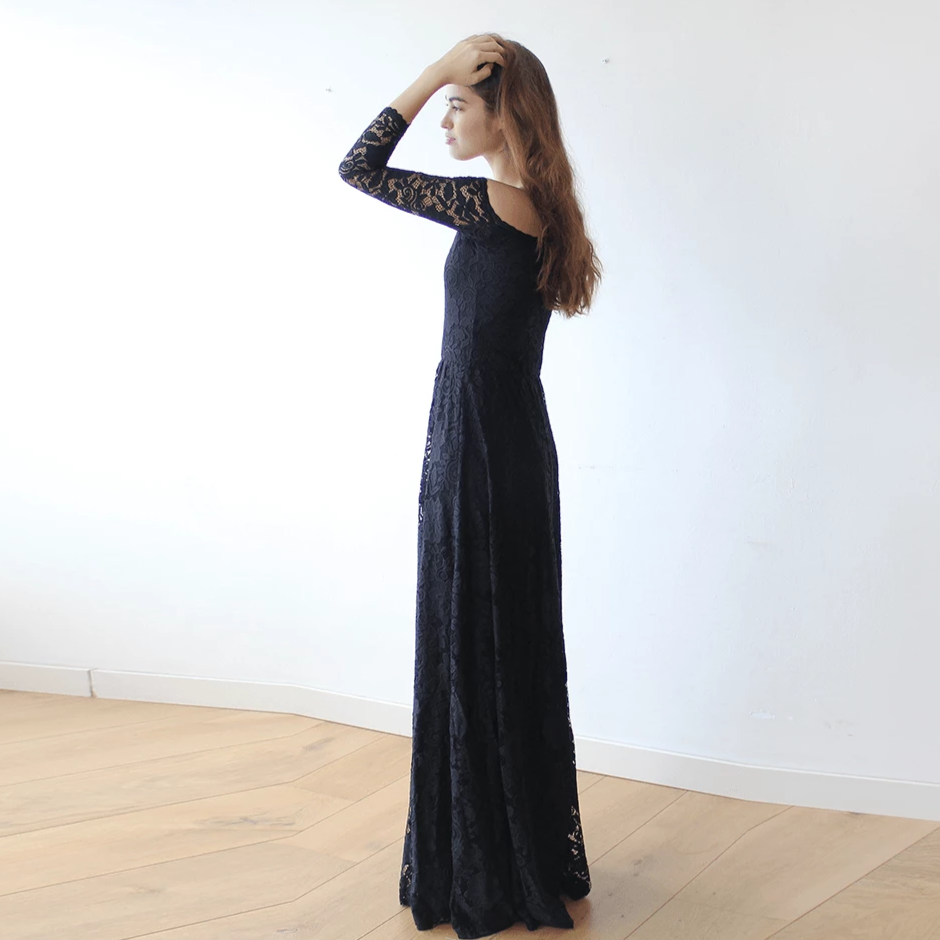 Off-The-Shoulder Black Floral Lace Long Sleeve Maxi Dress 1119 Off-The-Shoulder Black Floral Lace Long Sleeve Maxi Dress 1119