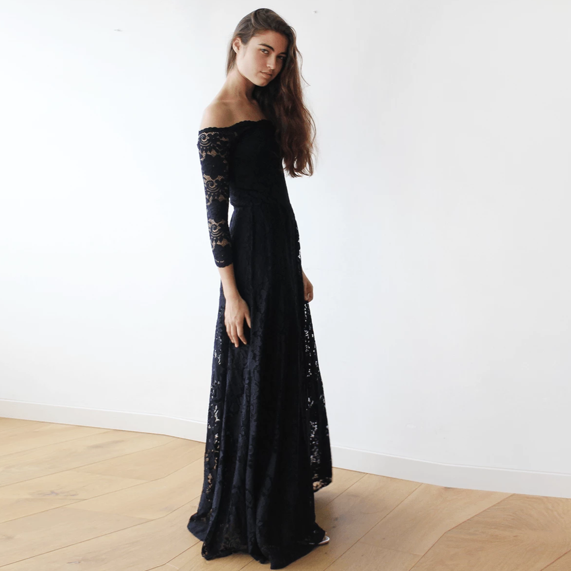 black off shoulder floral lace maxi dress Black Off-Shoulder Floral Lace Maxi Dress