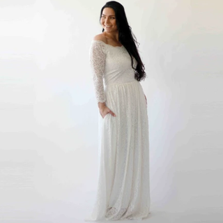 Off-The-Shoulder Ivory   Dress with pockets #1270 Maxi Blushfashion