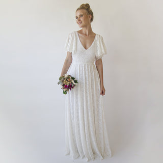 Open Back Wedding Dress, Lace Short Sleeves Bridal Dress #1360 Maxi Blushfashion