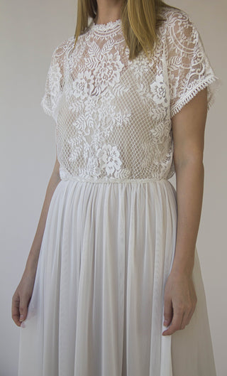 Pearly Lace Illusion Neckline wedding dress with Batwing short sleeves, circle mash chiffon skirt#1413 Maxi Blushfashion