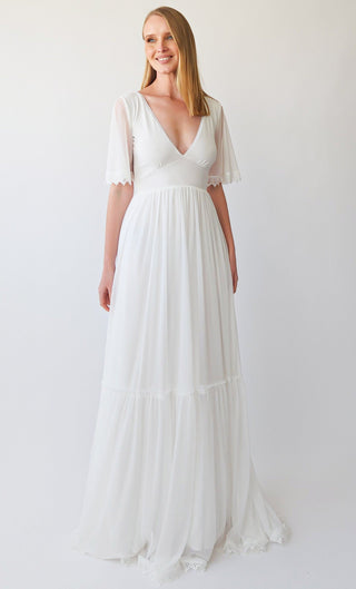 Romantic Chiffon Wedding dress, Vintage Butterfly Short Sleeves ,Ivory Wedding Dress #1399 Maxi Blushfashion