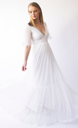 Romantic Chiffon Wedding dress, Vintage Butterfly Short Sleeves ,Ivory Wedding Dress #1399 Maxi Blushfashion