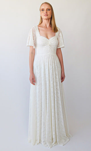 Romantic Ivory Sweetheart Lace Wedding Dress with Short Sleeves #1396 Maxi Blushfashion