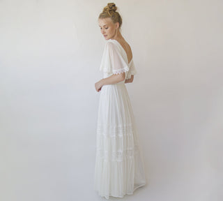 Romantic, Vintage Butterfly Chiffon Sleeves Ivory Wedding Dress #1348 Maxi Blushfashion
