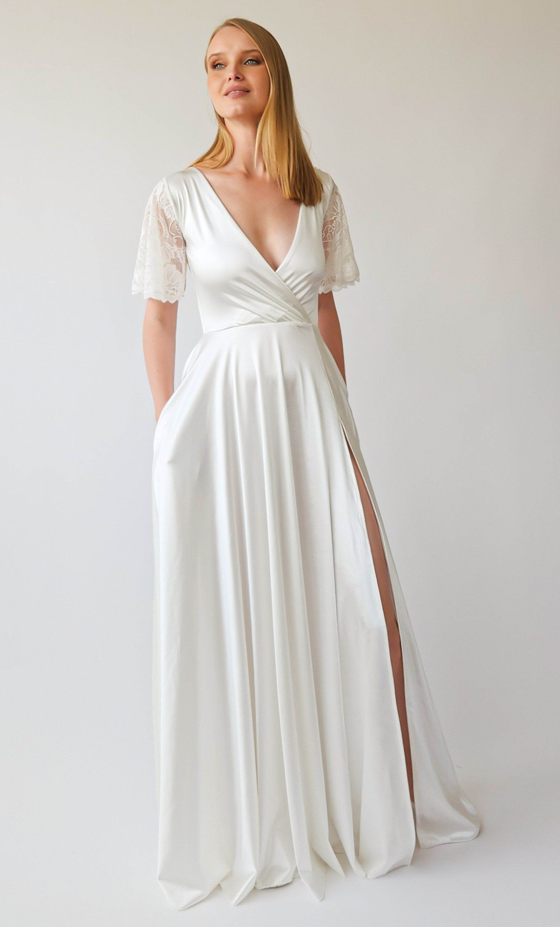 Satin Wrap Neckline Wedding Dress, with Flutter Short lace sleeves , M
