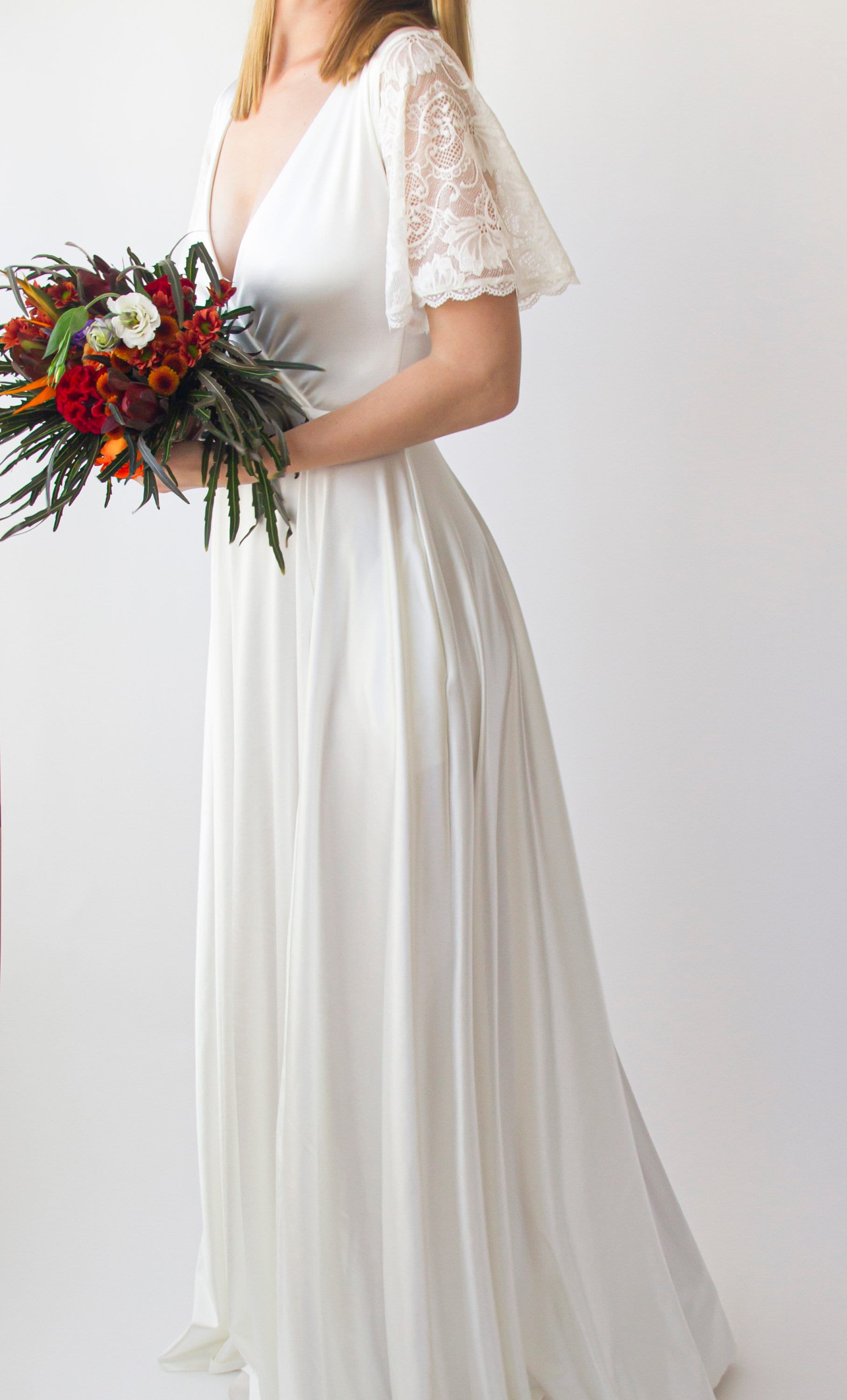 Short Sleeve Low Back Stretch Lace Wedding Dress | David's Bridal