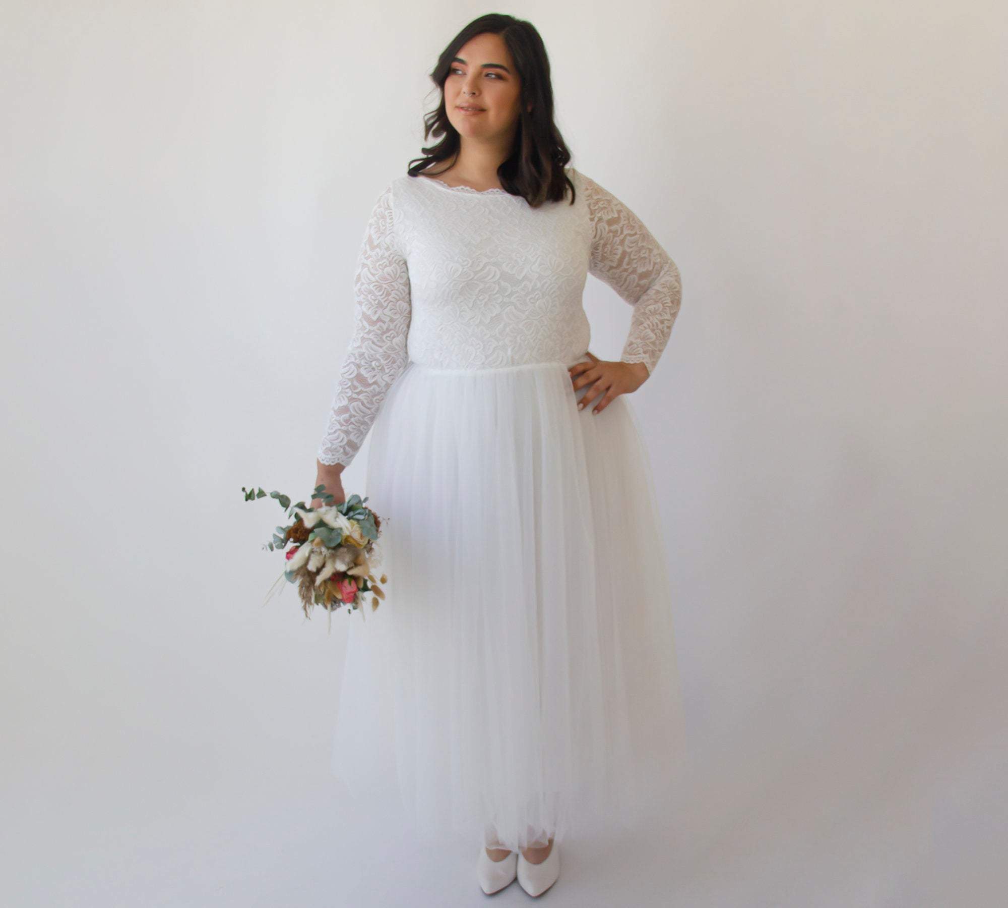 Short wedding dress ,Curvy Ivory Boat neckline Tulle & Lace Midi Dress #1323 Short wedding dress ,Curvy Ivory Boat neckline Tulle & Lace Midi Dress #1323