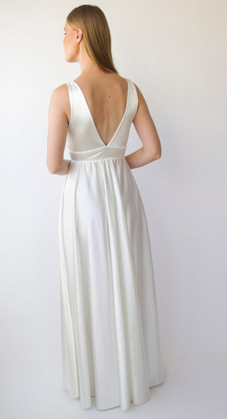 Silky Satin Deep V Neckline Simple Minimalist Wedding Dress #1395 Maxi Blushfashion