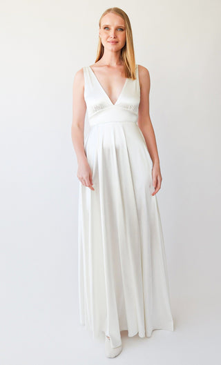 Silky Satin Deep V Neckline Simple Minimalist Wedding Dress #1395 Maxi Blushfashion