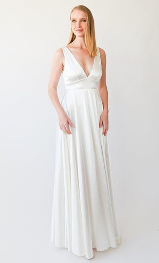 Silky Satin Deep V Neckline Simple Minimalist Wedding Dress #1395 Maxi Blushfashion