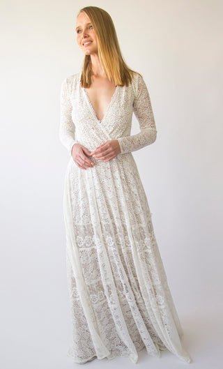 Vintage Bohemian lace Style wedding Long Sleeves wrap neckline with Gipsy Skirt #1403 Maxi Blushfashion