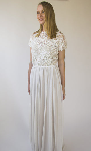 Vintage Ivory Crocheted Lace Illusion Neckline wedding dress with Batwing short sleeves, circle mash chiffon skirt  #1414 Maxi Blushfashion