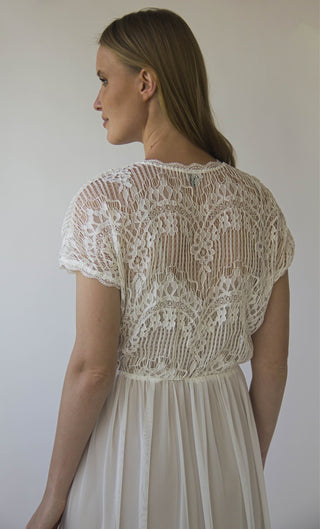 Vintage Ivory Crocheted Lace Illusion Neckline wedding dress with Batwing short sleeves, circle mash chiffon skirt  #1414 Maxi Blushfashion