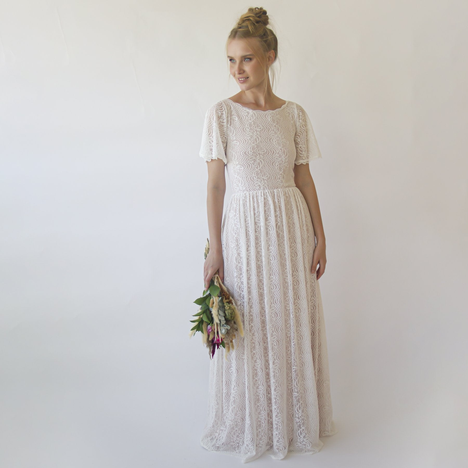 Vintage Lace Wedding Dress, Short Sleeves Modest Pearly wedding dress