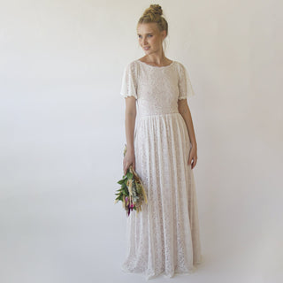 Vintage Lace Wedding Dress, Short Sleeves Modest Pearly wedding dress #1346 Maxi Blushfashion