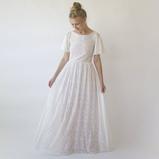 Vintage Lace Wedding Dress, Short Sleeves Modest Pearly wedding dress #1346 Maxi Blushfashion