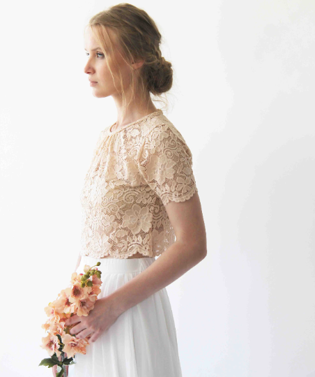 Wedding Dress Separates, Blush Lace Top, Ivory Chiffon Skirt #1380 Wedding Dress Separates, Blush Lace Top, Ivory Chiffon Skirt #1380