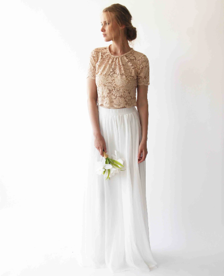 Wedding Dress Separates, Blush Lace Top, Ivory Chiffon Skirt #1380 Wedding Dress Separates, Blush Lace Top, Ivory Chiffon Skirt #1380