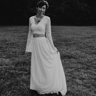 Wedding Dress Separates, Ivory  long bell sleeves top & maxi train lace skirt #1377 Maxi Blushfashion
