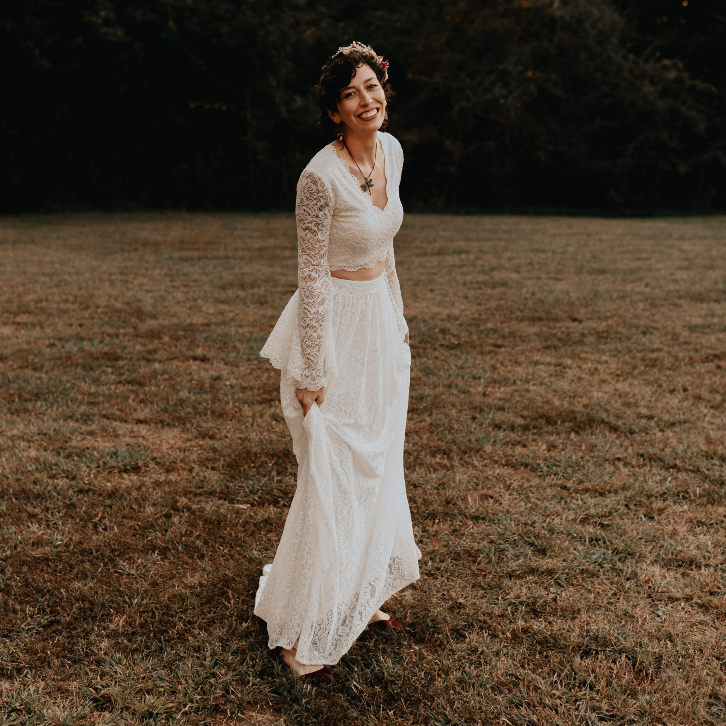 Wedding Dress Separates, Ivory long bell sleeves top maxi train lace