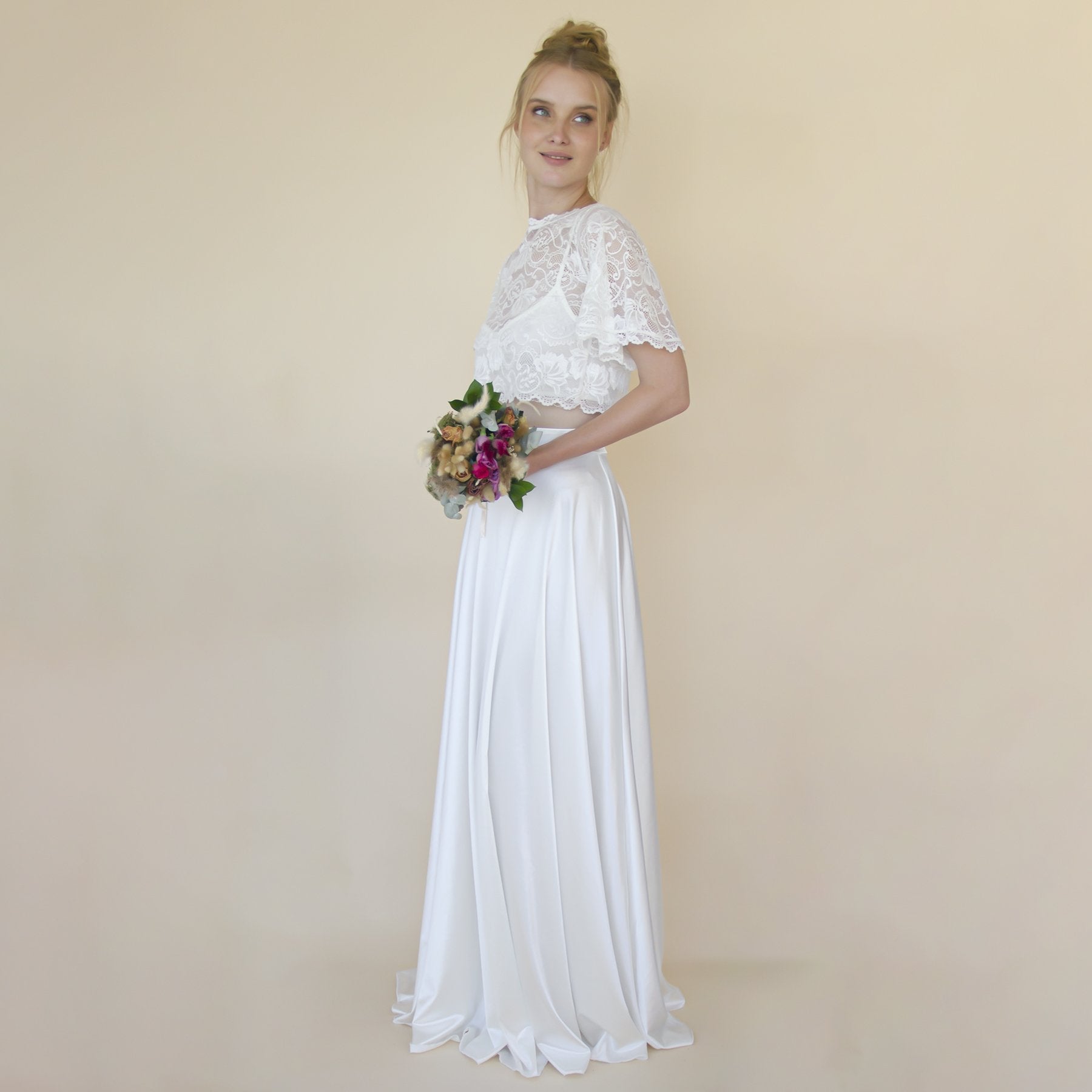 Wedding Dress Separates, Silky Wedding Maxi Skirt and Lace cropped Top #1353 Wedding Dress Separates, Silky Wedding Maxi Skirt and Lace cropped Top #1353