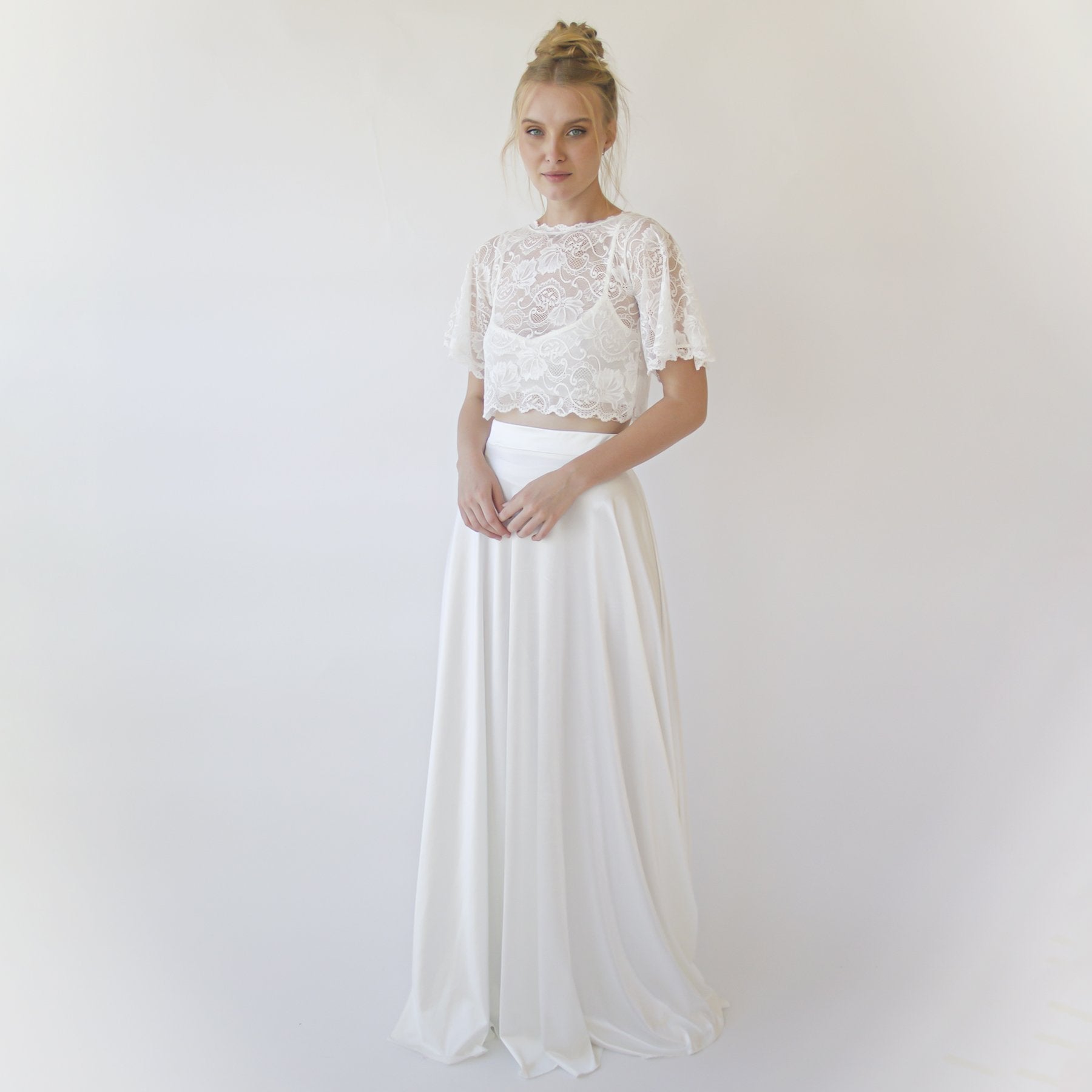 Wedding Dress Separates, Silky Wedding Maxi Skirt and Lace cropped Top #1353 Wedding Dress Separates, Silky Wedding Maxi Skirt and Lace cropped Top #1353