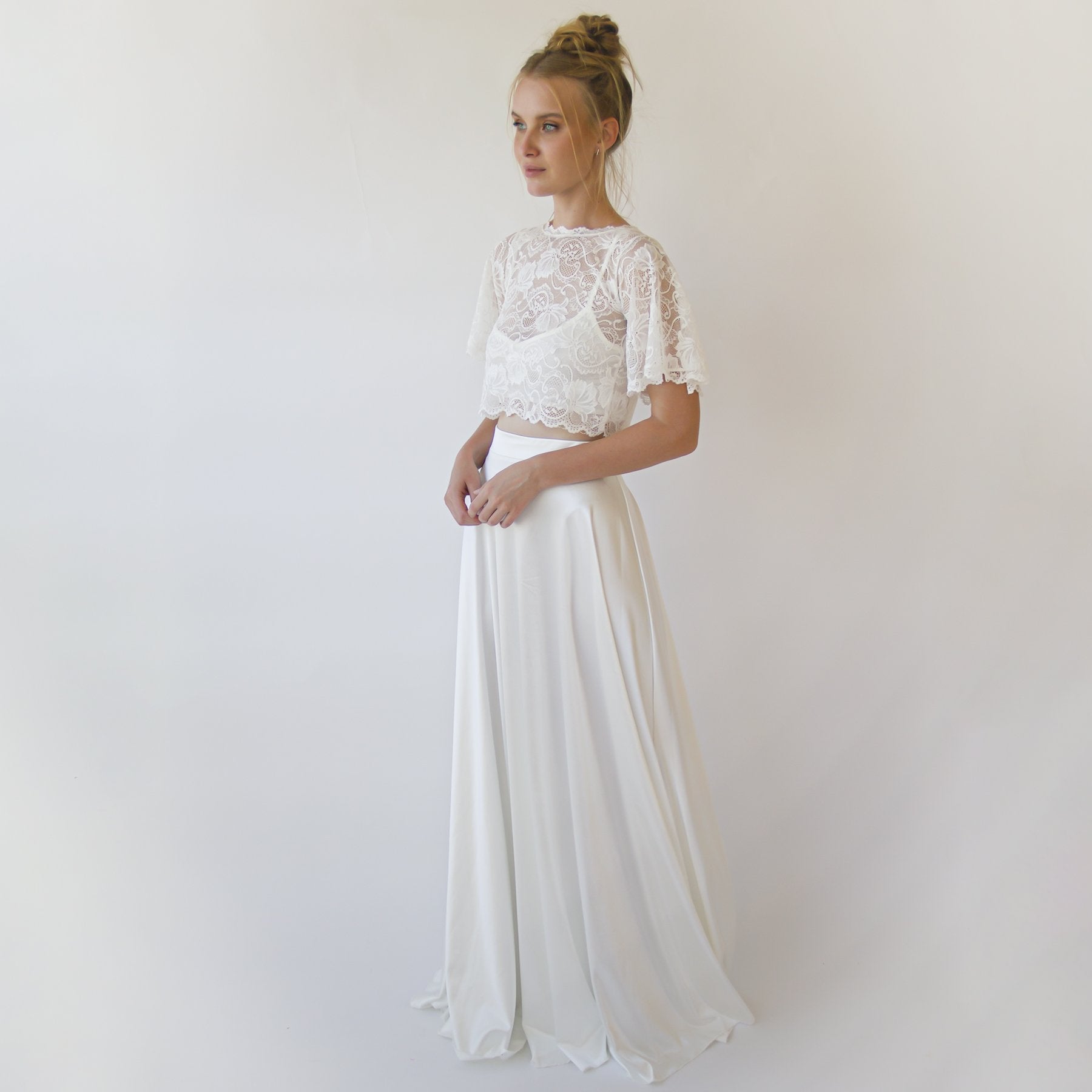 Wedding Dress Separates, Silky Wedding Maxi Skirt and Lace cropped Top #1353 Wedding Dress Separates, Silky Wedding Maxi Skirt and Lace cropped Top #1353
