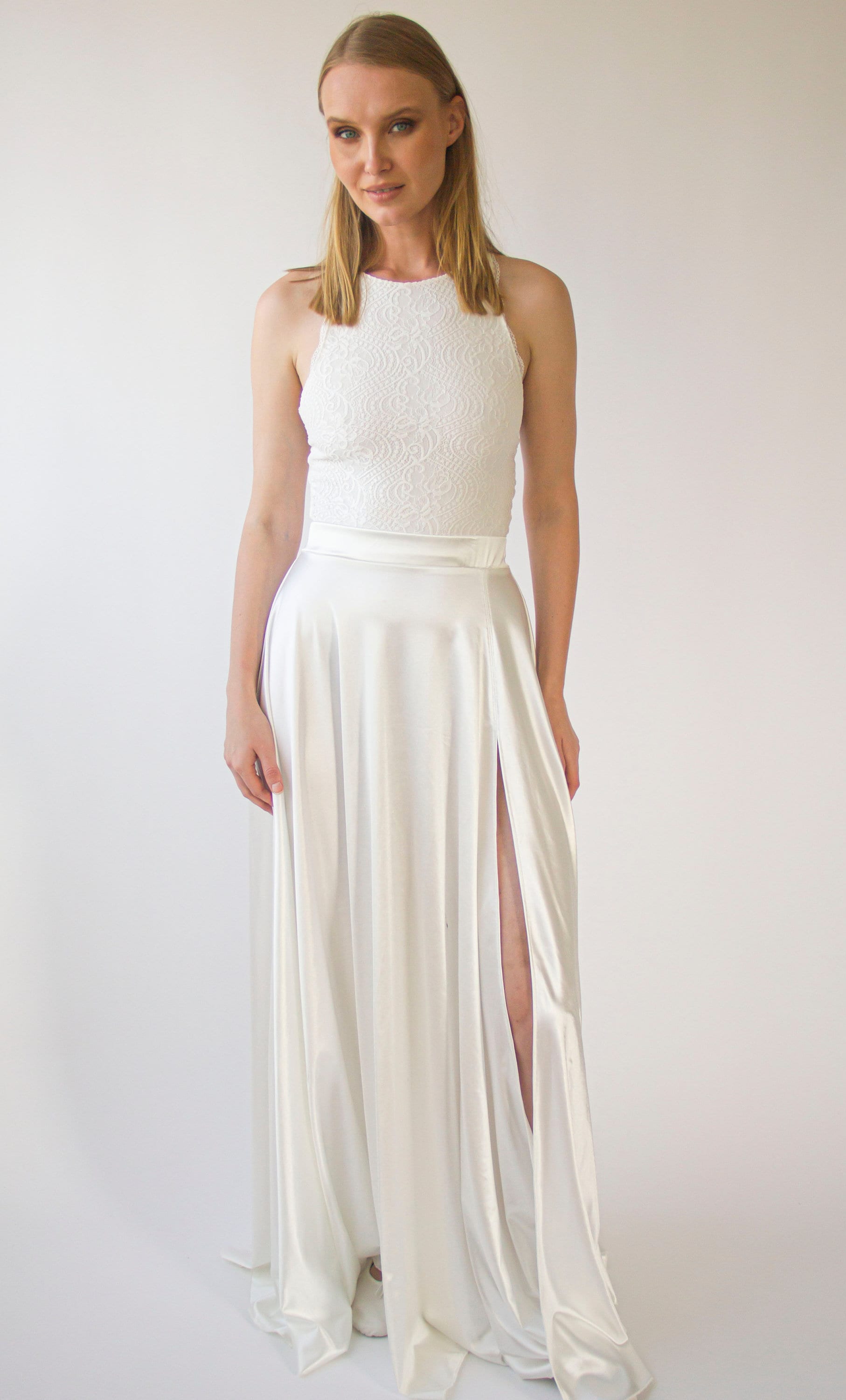 Wedding Dress Separates, Two Piece wedding outfit, Silky Wedding Maxi Skirt and Lace Halter neckline cropped Top #1419 Wedding Dress Separates, Two Piece wedding outfit, Silky Wedding Maxi Skirt and Lace Halter neckline cropped Top #1419