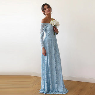 Light Blue Off-The-Shoulder Floral Lace Dress #1119 Maxi XS-S Blushfashion