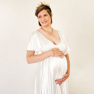 Maternity Silky Minimalist wedding dress, Elegant Satin Butterfly Sleeves Ivory  Pregnancy Dress #7001 Maxi XS-S Blushfashion