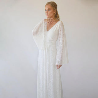 Bohemian V neckline wedding dress with bell sleeves #1284 Maxi XXL-3XL Blushfashion